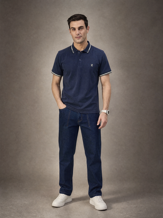 Men Stripe Navy Polo TShirt - Reprise