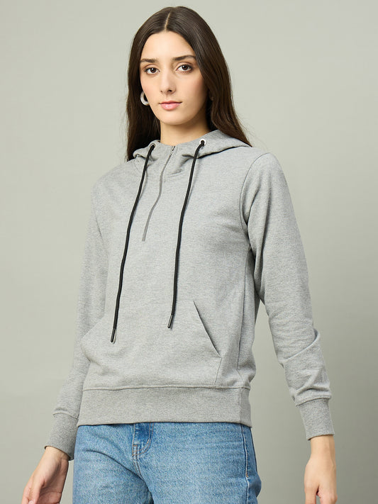 Grey Women Solid Regular Fit Front Half Zipper Hoodie