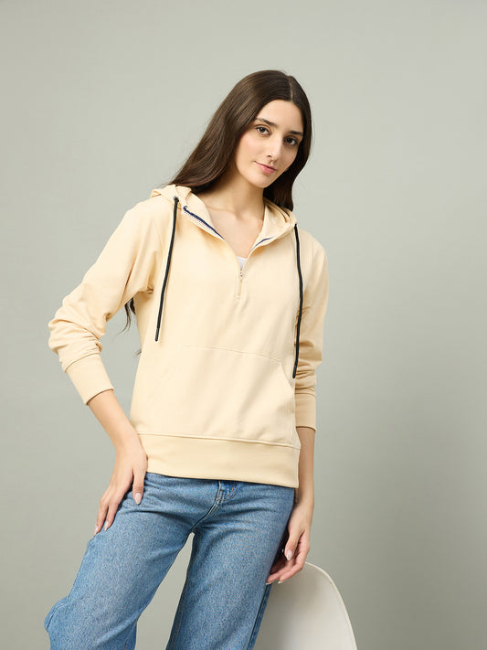 Beige Women Solid Regular Fit Front Half Zipper Hoodie
