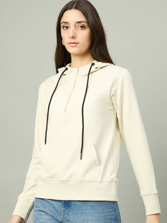 Off White Women Solid Regular Fit Front Half Zipper Hoodie