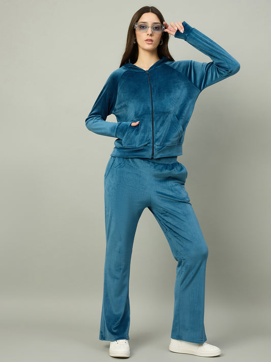 Teal Women Velour Front Zipper Hoodie Coord Set