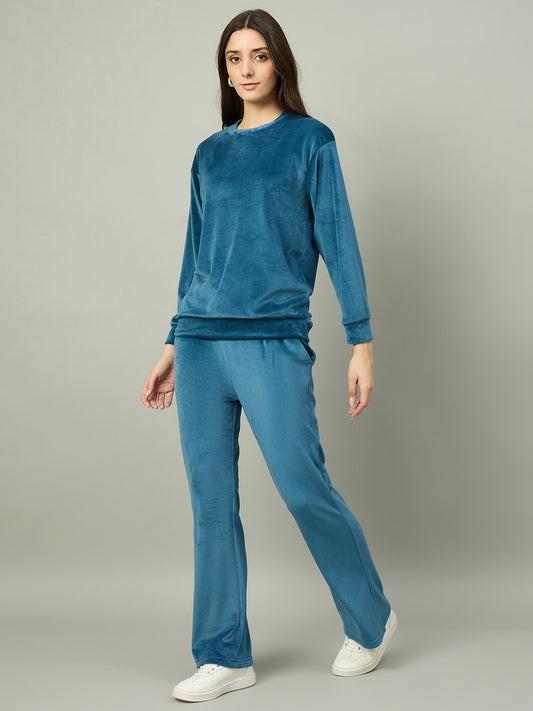 Teal Women Velour Front Round Neck Coord Set