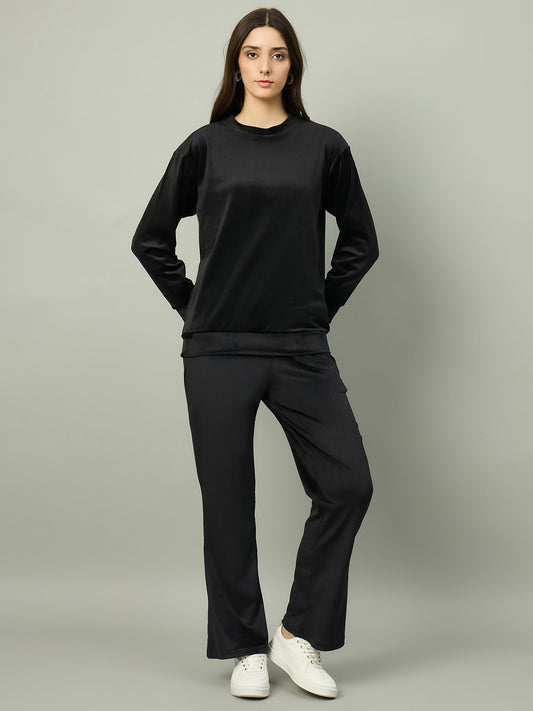Black Women Velour Front Round Neck Coord Set