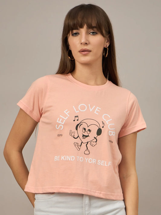 Women Printed Regular Fit T-shirt Peach