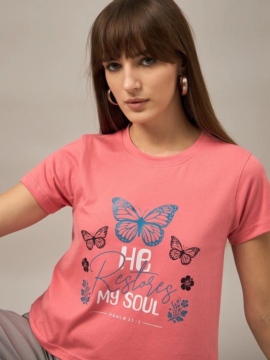Women Printed Regular Fit T-shirt Pink