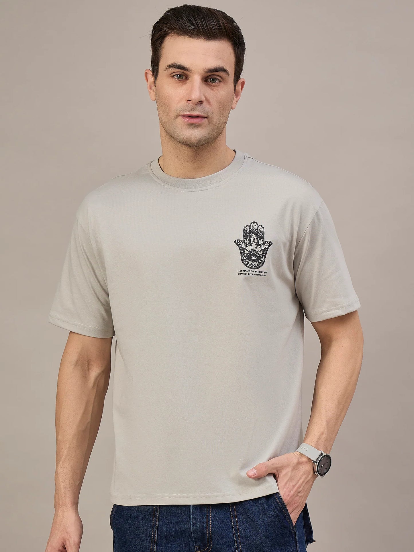 Men Printed Oversized Round Neck Drop Shoulder T-shirt Beige