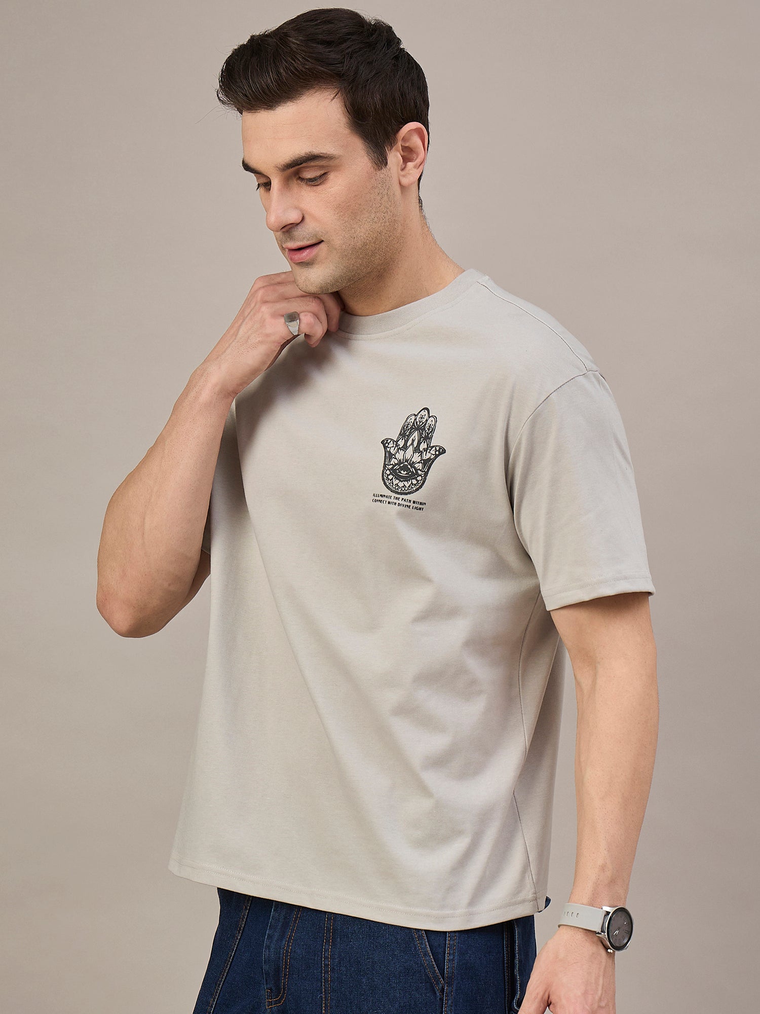 Men Oversized Round Neck Drop Shoulder T-shirt Beige