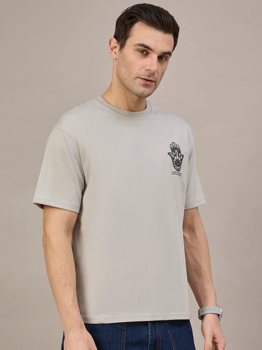 Men Printed Oversized Round Neck Drop Shoulder T-shirt Beige