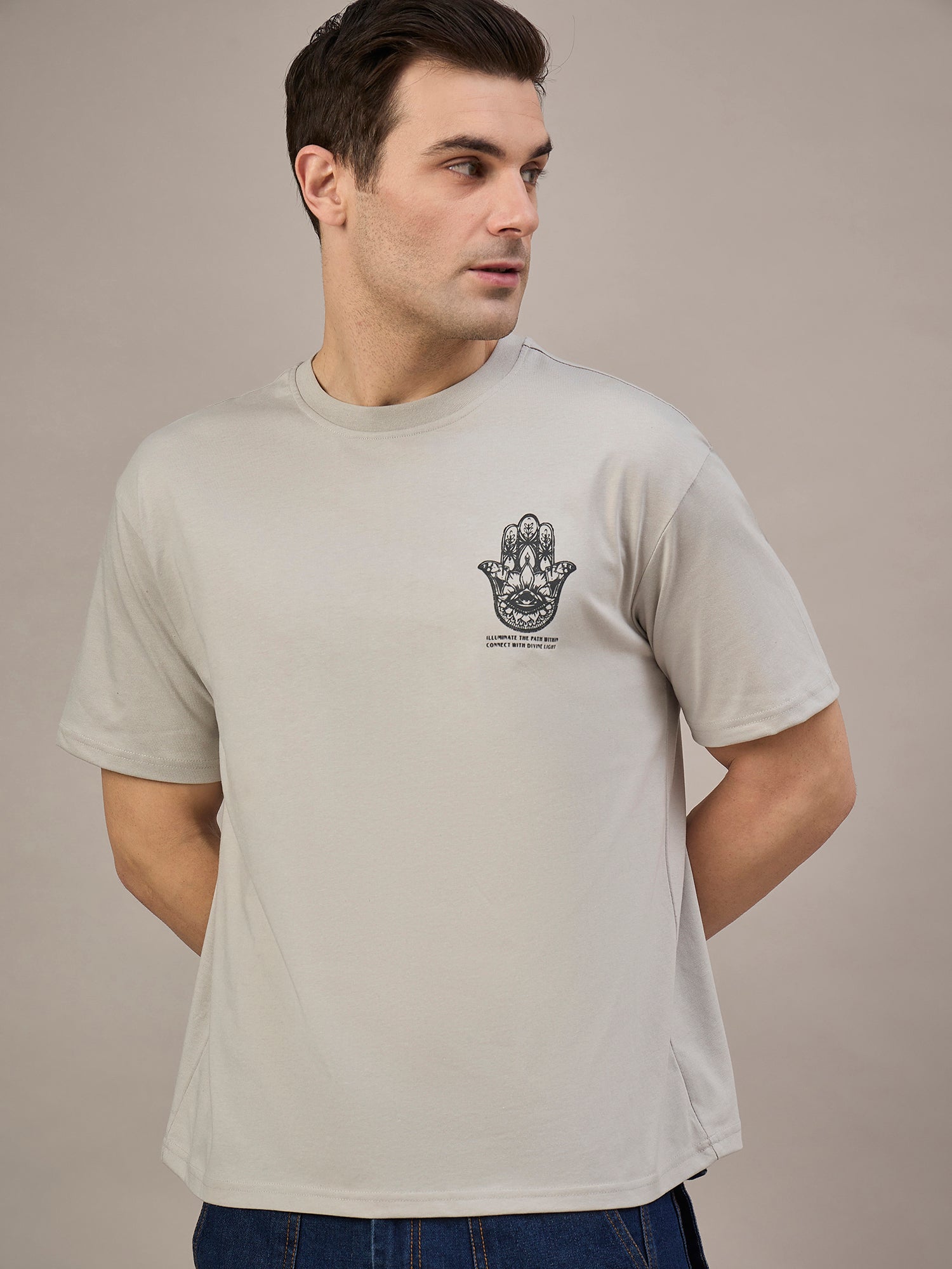 Men Oversized Round Neck Drop Shoulder T-shirt Beige