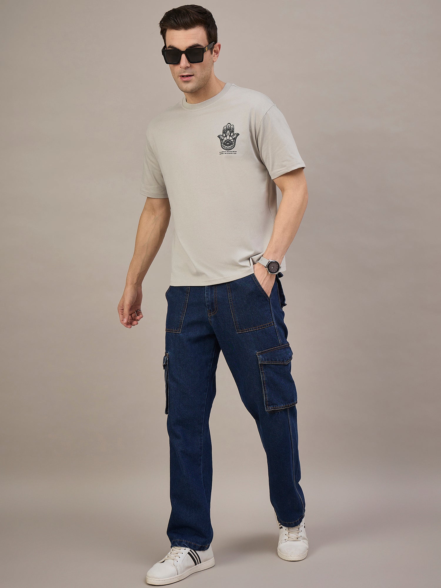 Men Oversized Round Neck Drop Shoulder T-shirt Beige