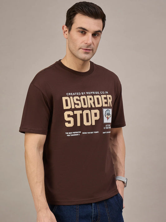 Men Printed Oversized Round Neck Drop Shoulder T-shirt Brown