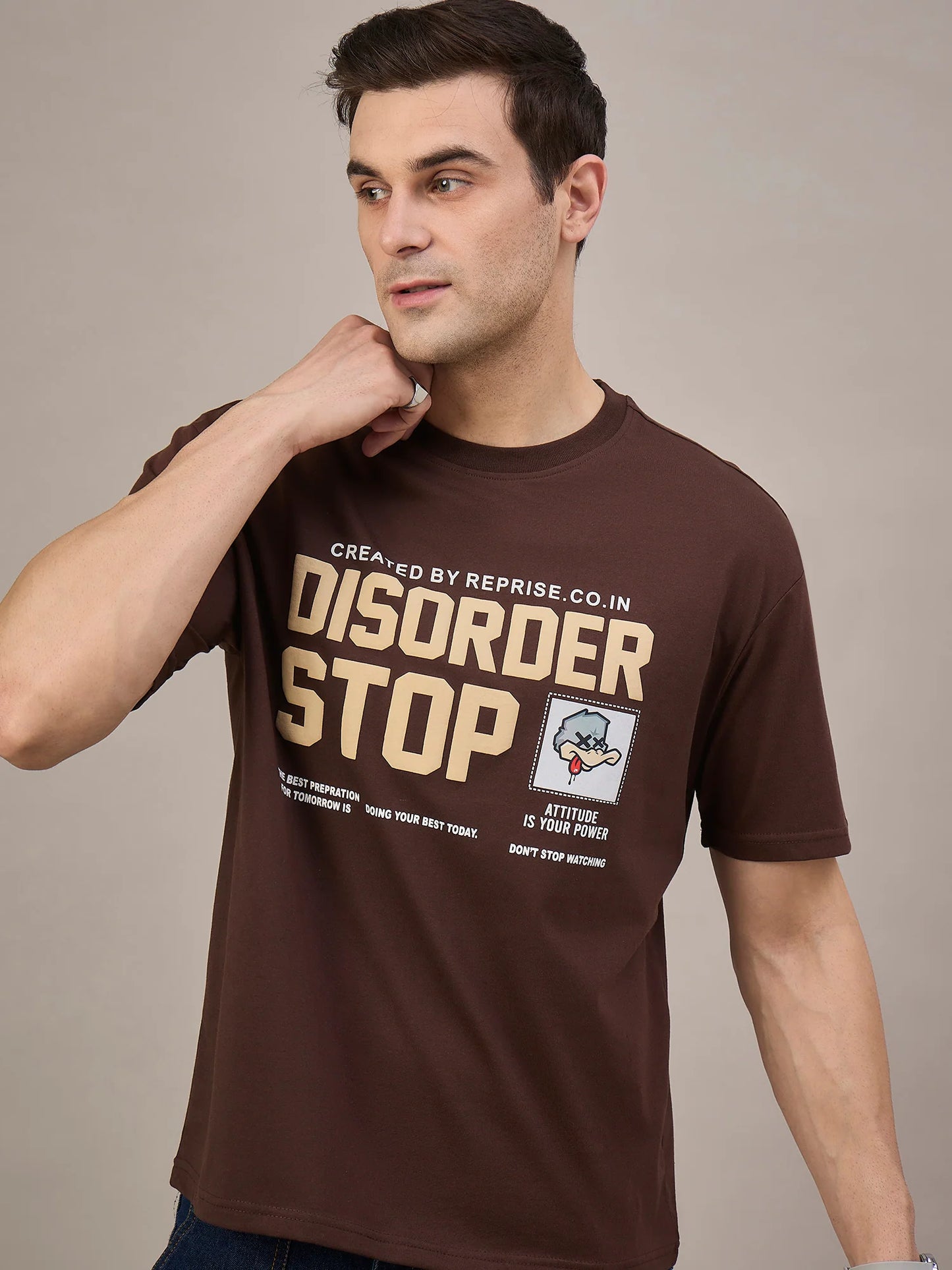 Men Printed Oversized Round Neck Drop Shoulder T-shirt Brown