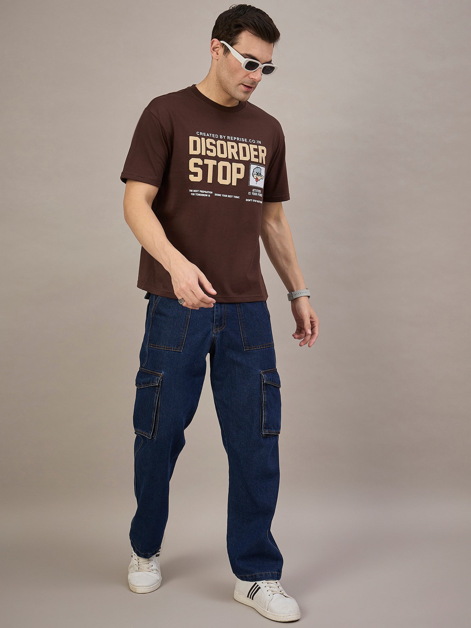 Men Oversized Round Neck Drop Shoulder T-shirt Brown