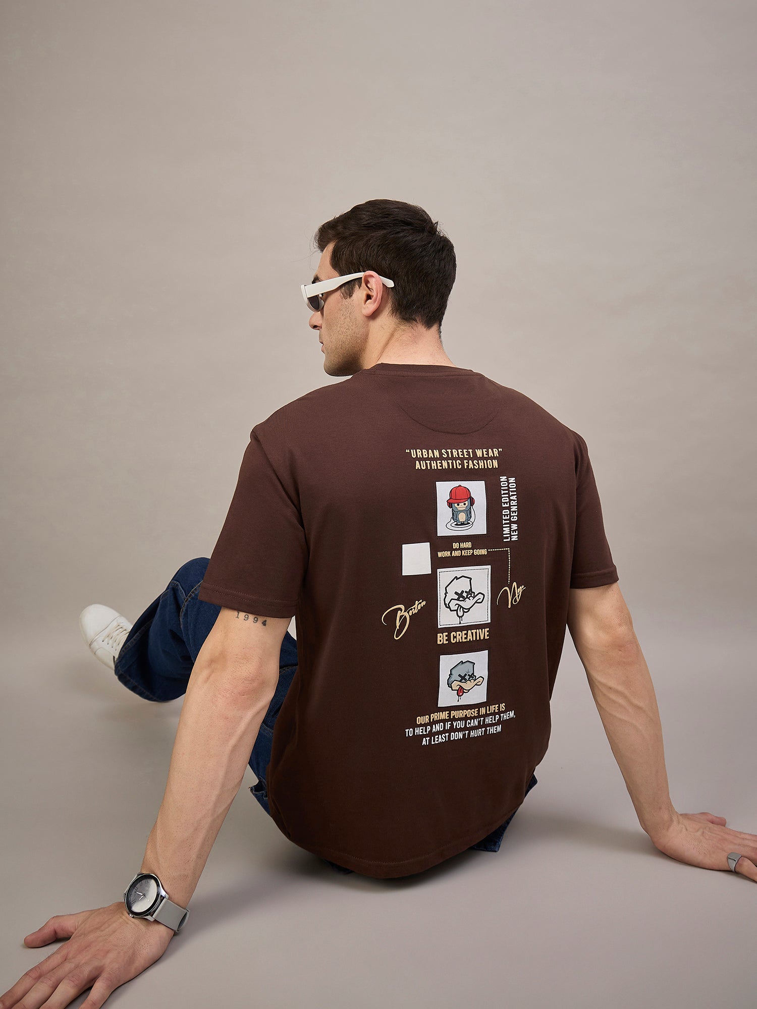 Men Oversized Round Neck Drop Shoulder T-shirt Brown