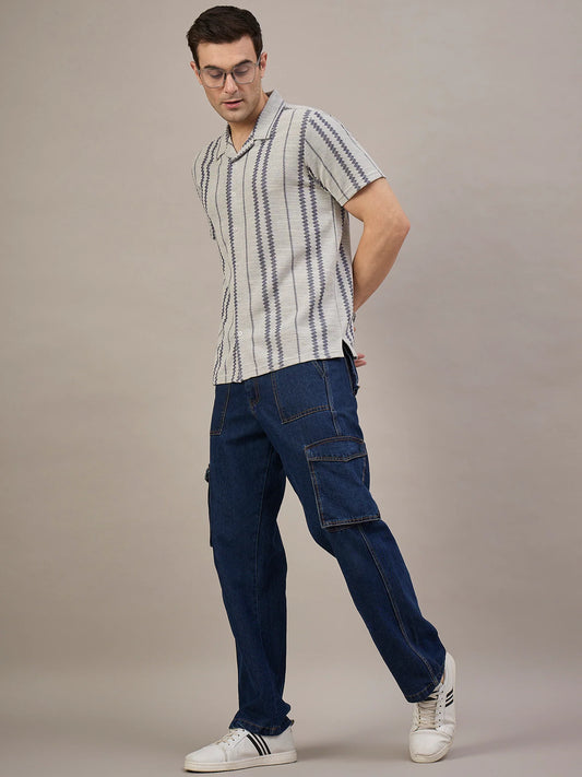 Men Striped Shirt Light Grey and Navy