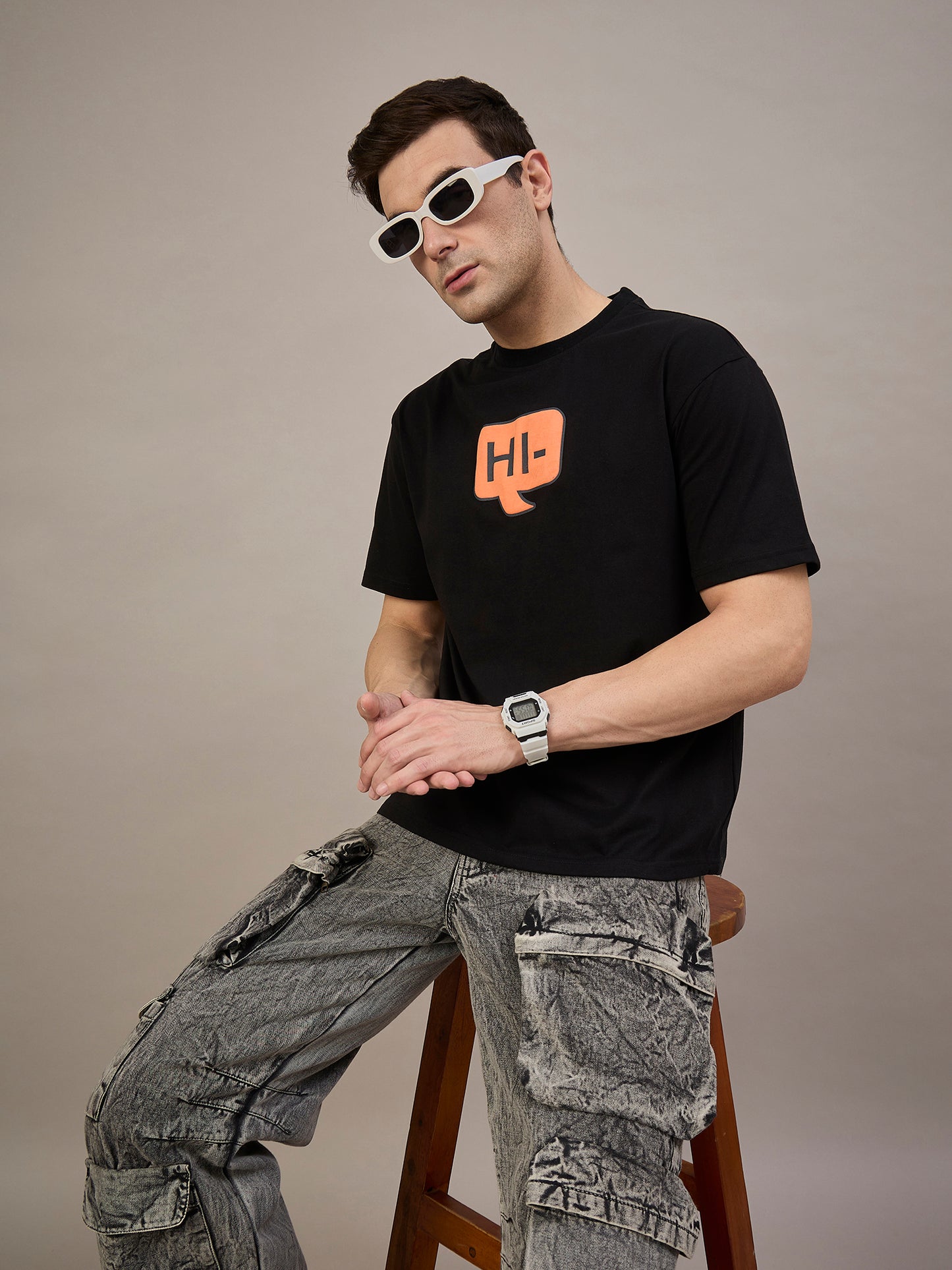 Men Printed Oversized Round Neck Drop Shoulder T-shirt Black - Reprise