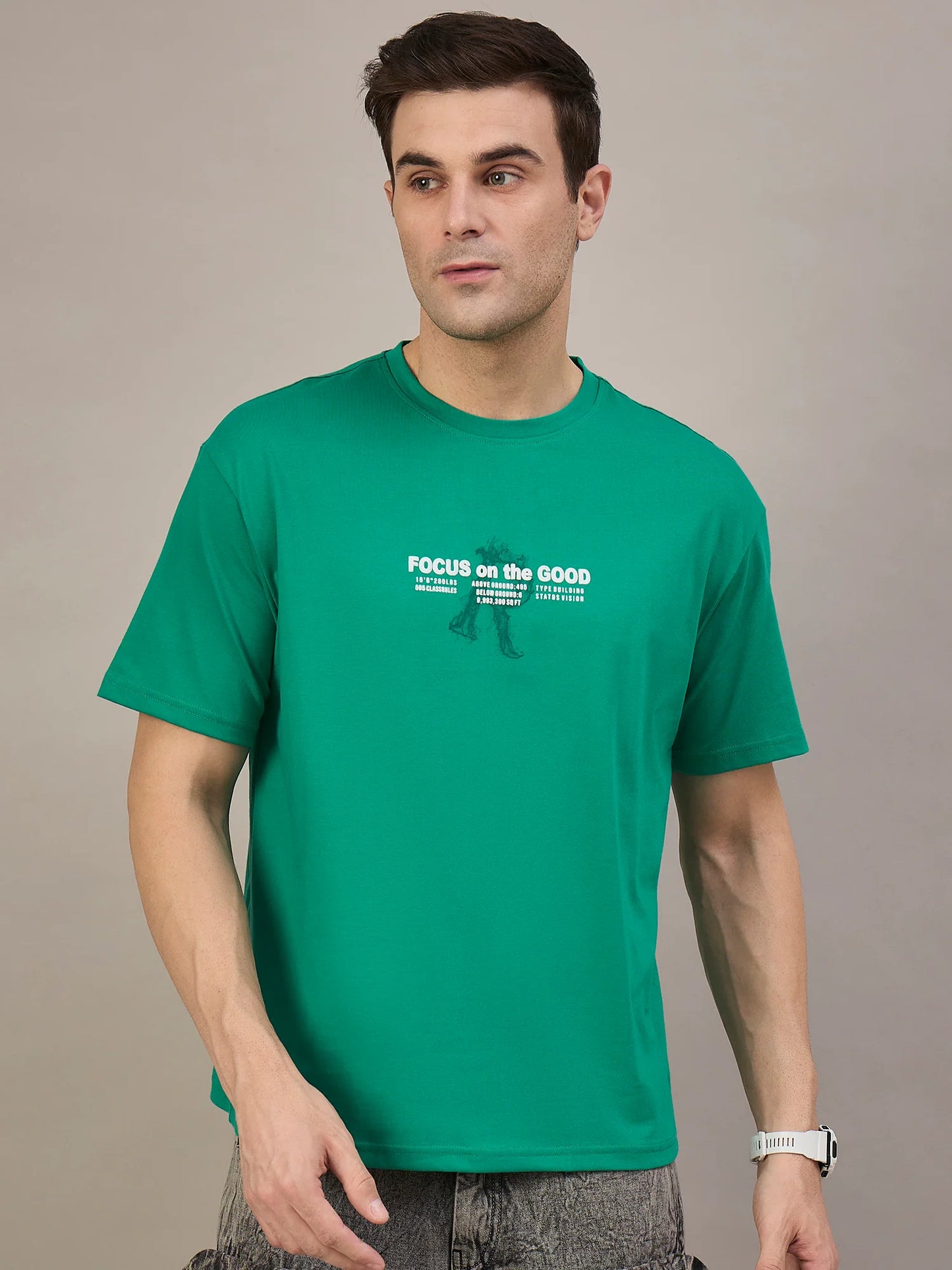 Men Printed Oversized Round Neck Drop Shoulder T-shirt Green