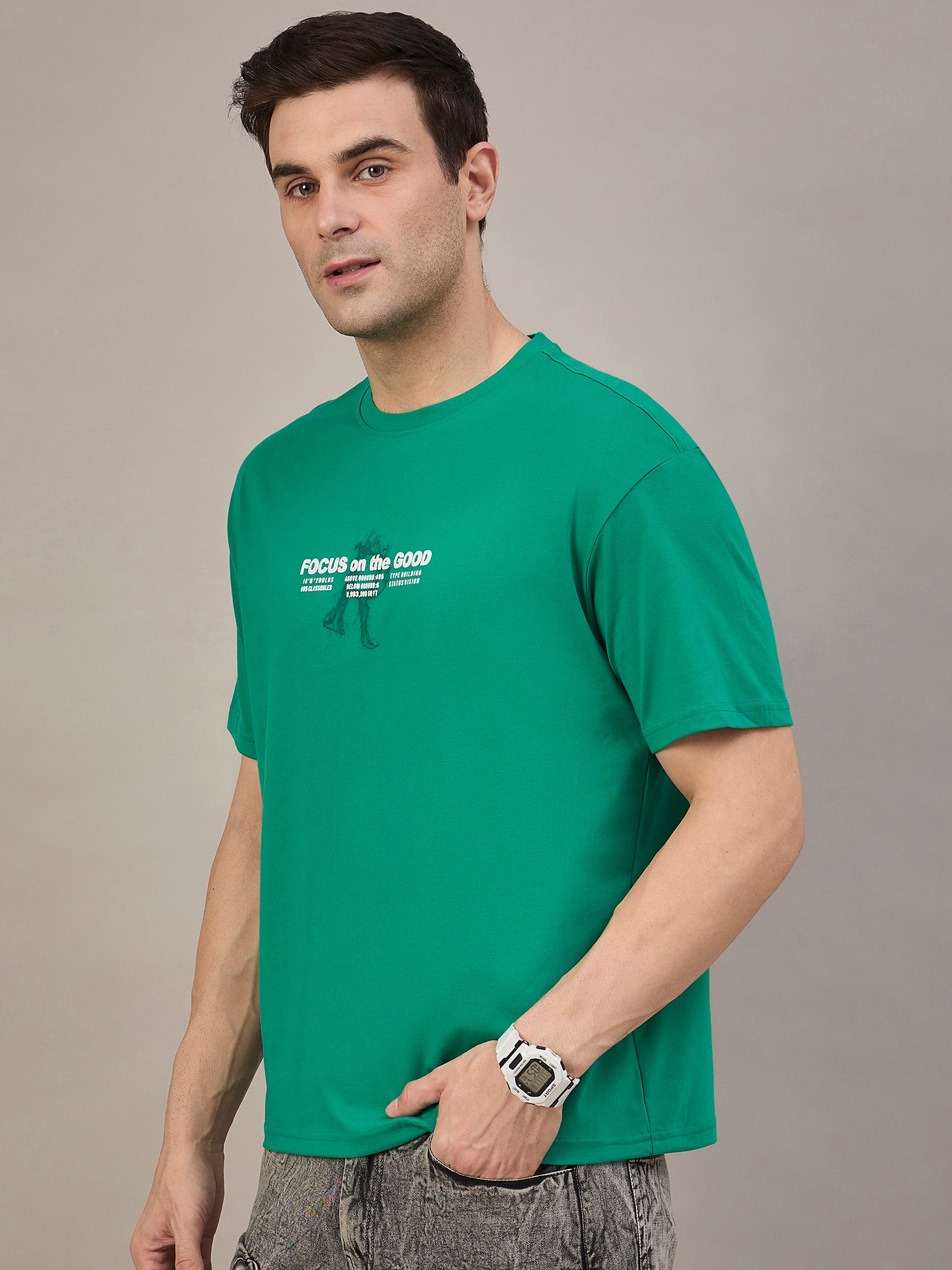 Men Oversized Round Neck Drop Shoulder T-shirt Green