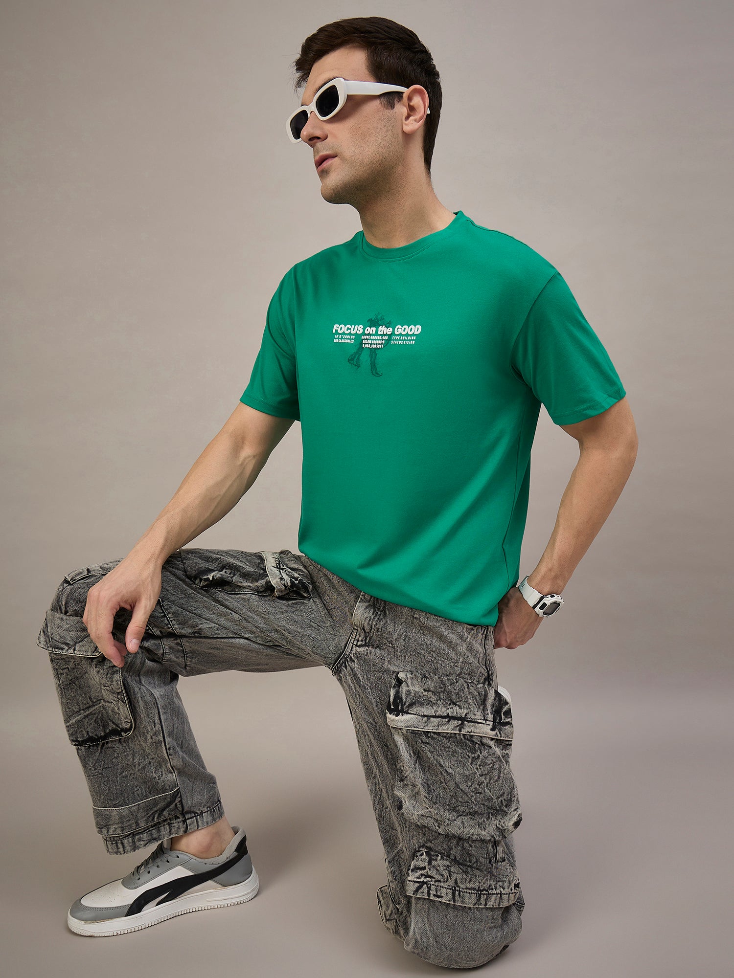 Men Oversized Round Neck Drop Shoulder T-shirt Green