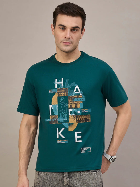 Men Printed Oversized Round Neck Drop Shoulder T-shirt Teal