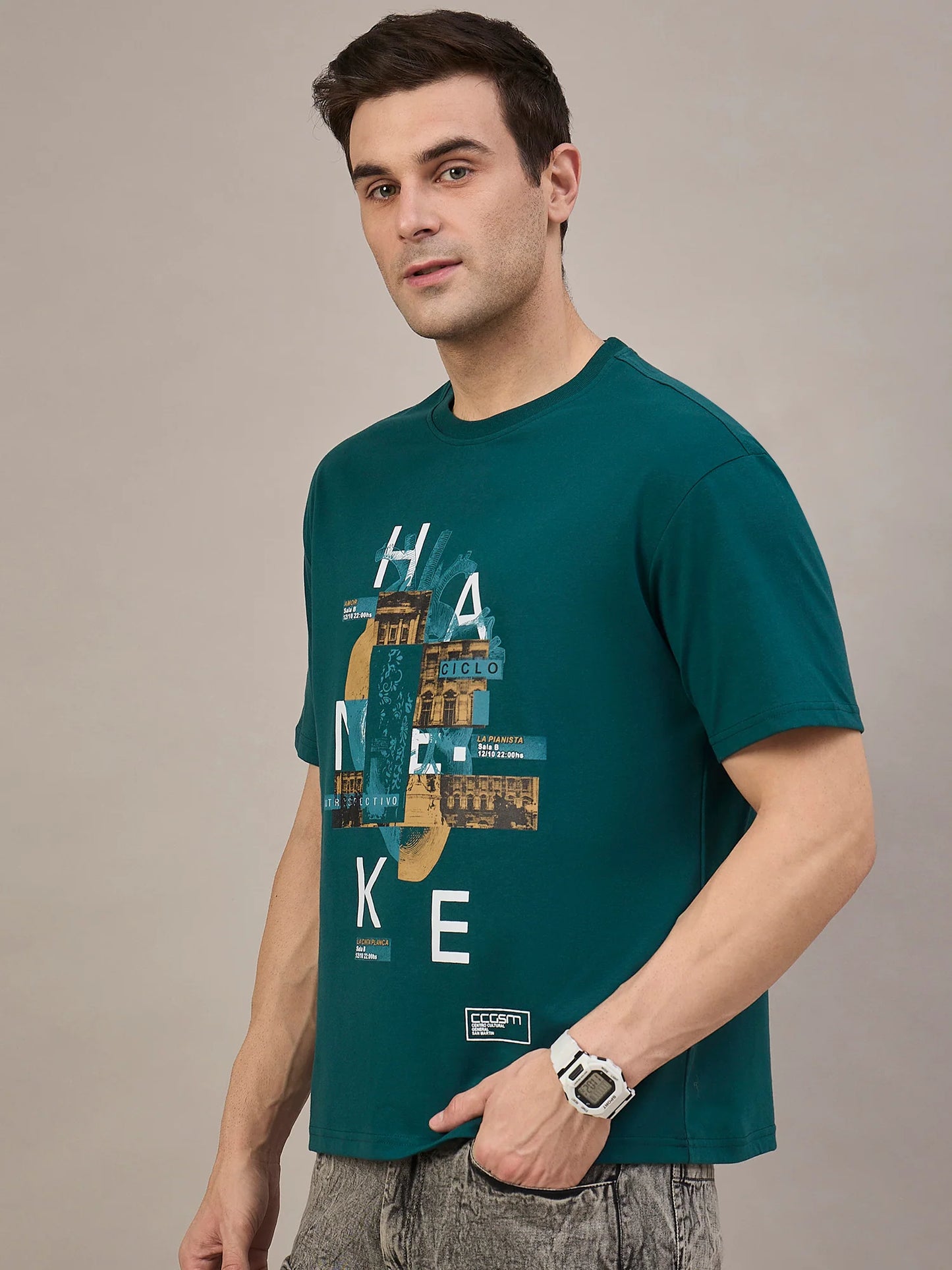 Men Printed Oversized Round Neck Drop Shoulder T-shirt Teal