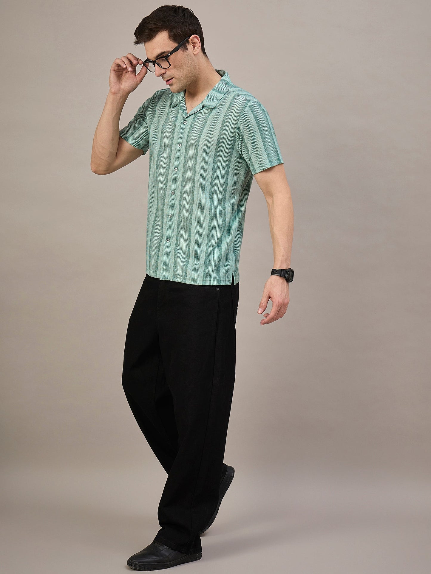 Men Striped Shirt Green