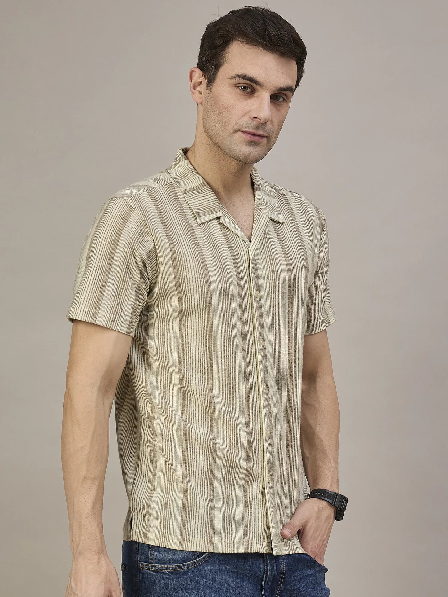 Men Striped Shirt Beige and Light Brown