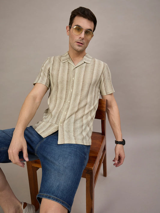 Men Striped Shirt Beige and Light Brown