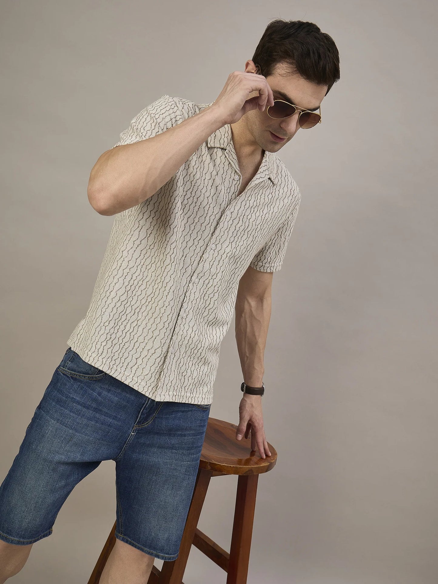 Men Textured Shirt Beige and Light Brown