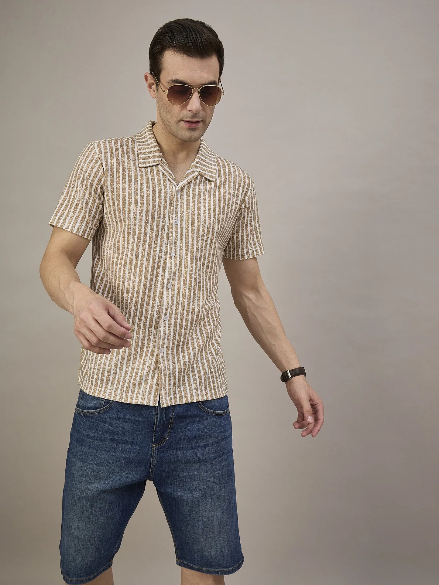 Men Striped Shirt Light Brown