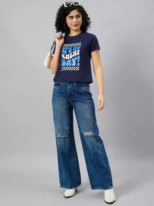 Women Printed Regular Fit T-shirt Navy