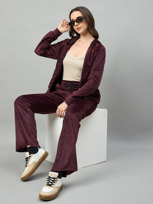 Wine Women Velour Front Zipper Hoodie Coord Set