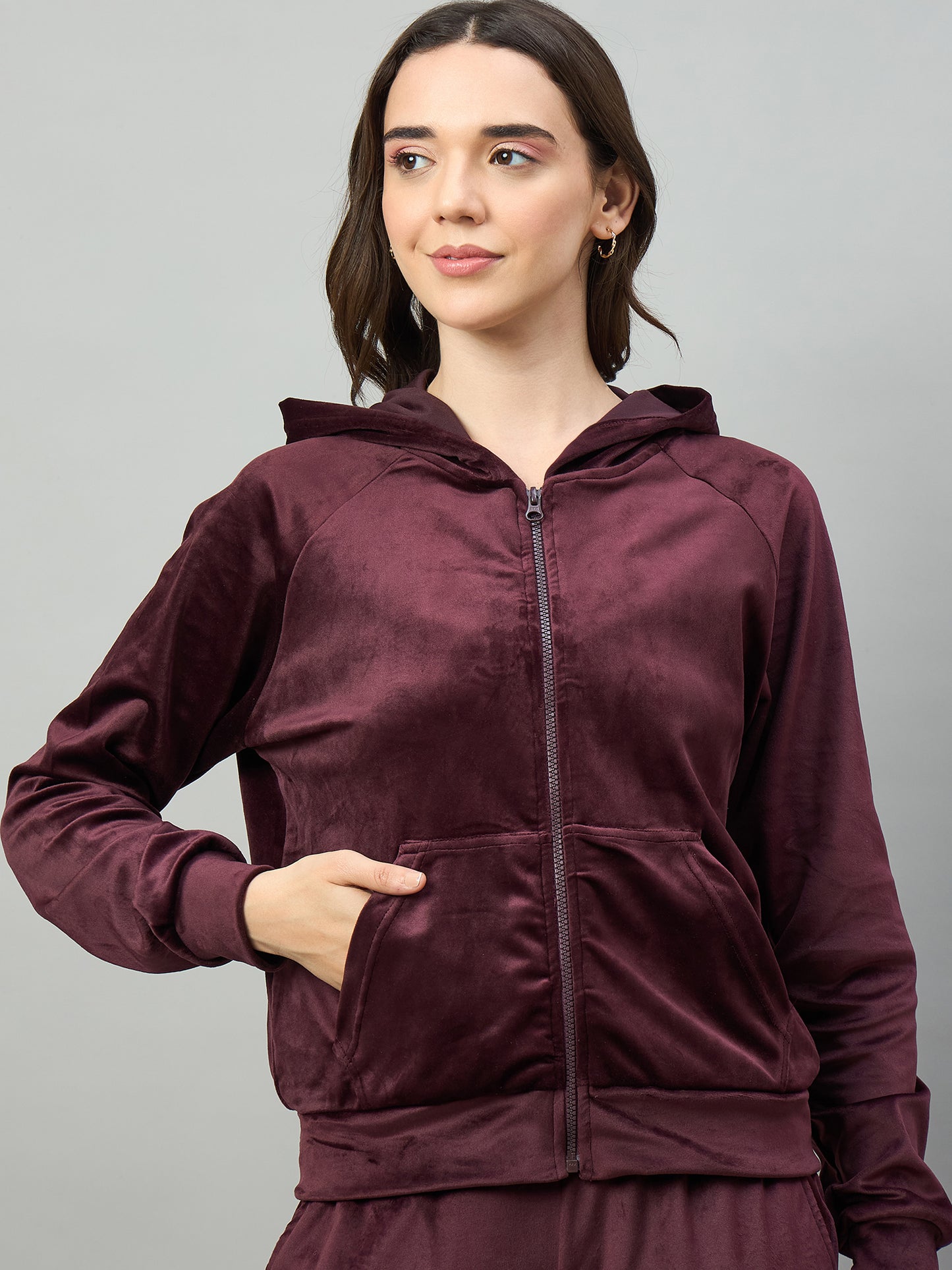 Wine Women Velour Front Zipper Hoodie Coord Set - Reprise