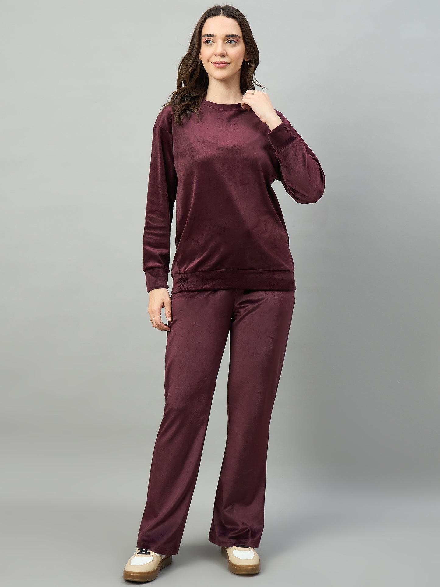 Wine Women Velour Front Round Neck Coord Set