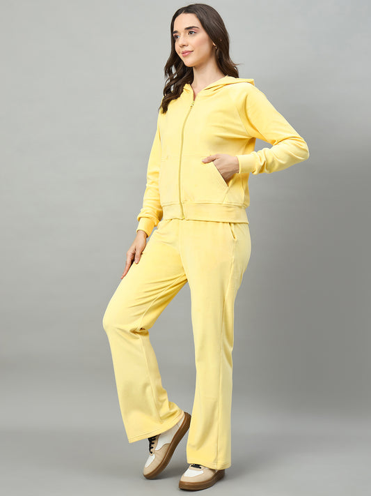 Yellow Women Velour Front Zipper Hoodie Coord Set