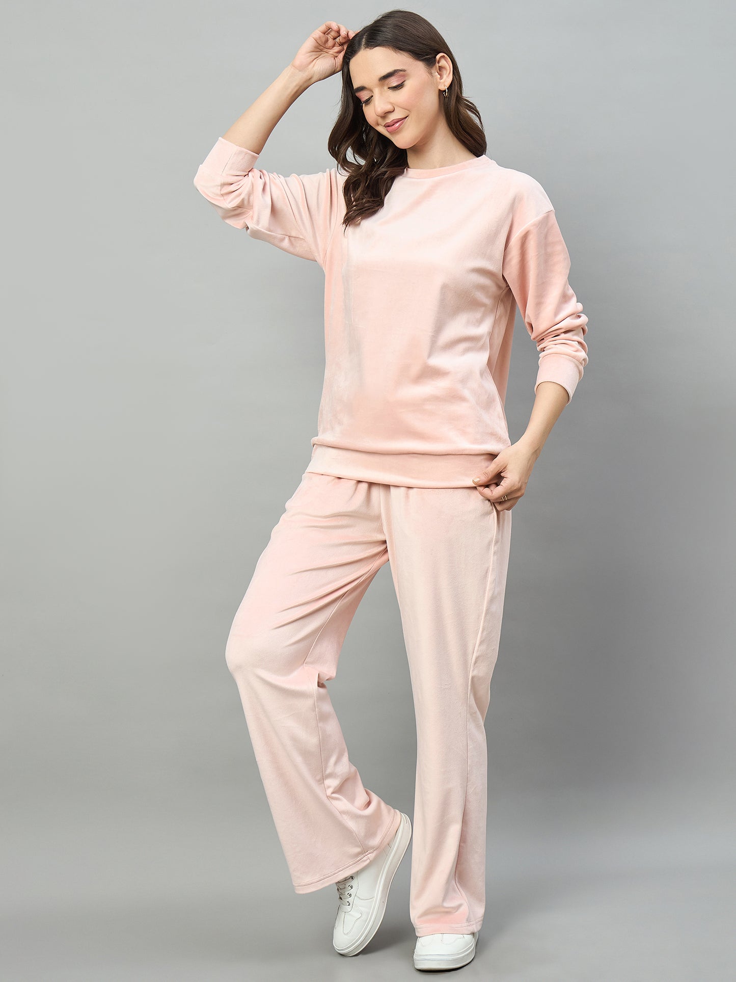 Pink Women Velour Front Round Neck Coord Set