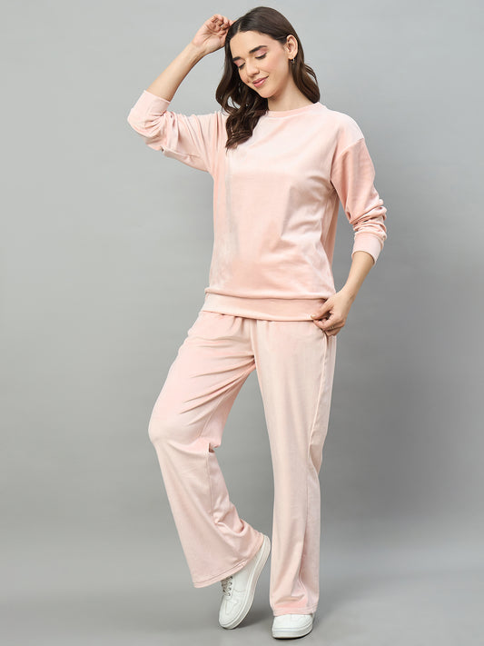 Pink Women Velour Front Round Neck Coord Set