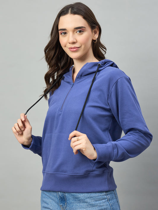 Blue Women Solid Regular Fit Front Half Zipper Hoodie