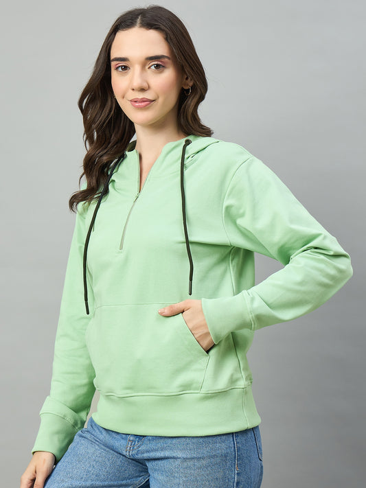 Green Women Solid Regular Fit Front Half Zipper Hoodie