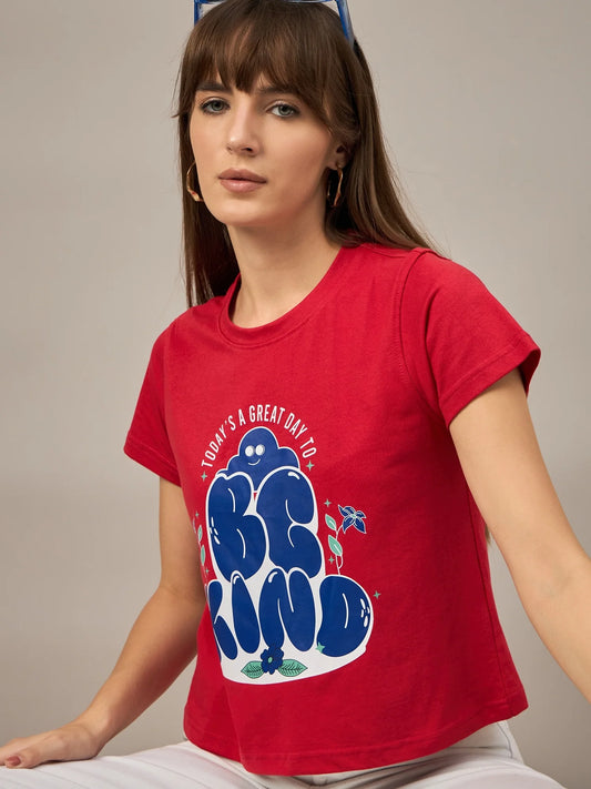 Women Printed Regular Fit T-shirt Red