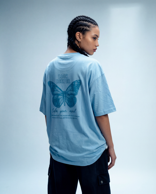 Women Oversized Round Neck Half Sleeves Tshirt Sky Blue - Reprise