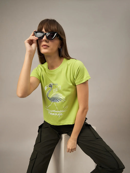 Women Printed Regular Fit T-shirt Green