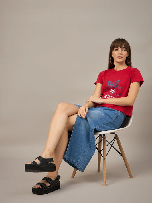 Women Printed Regular Fit T-shirt Red