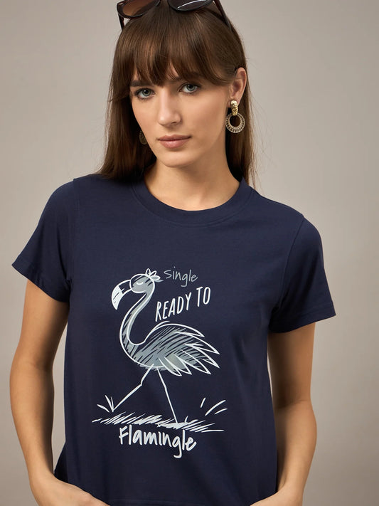 Women Printed Regular Fit T-shirt Navy