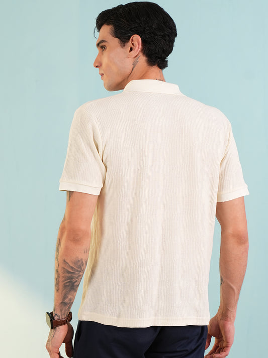 Men Textured White Polo Front Open T-Shirt - Reprise