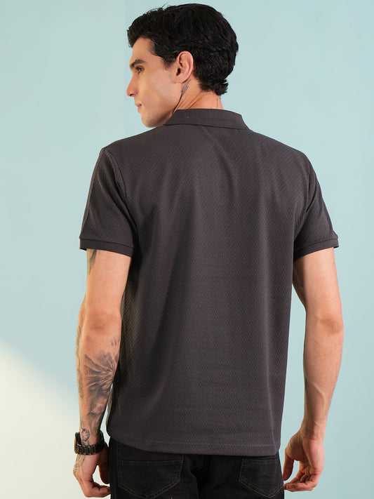 Men Textured Grey Polo Front Open T-Shirt - Reprise