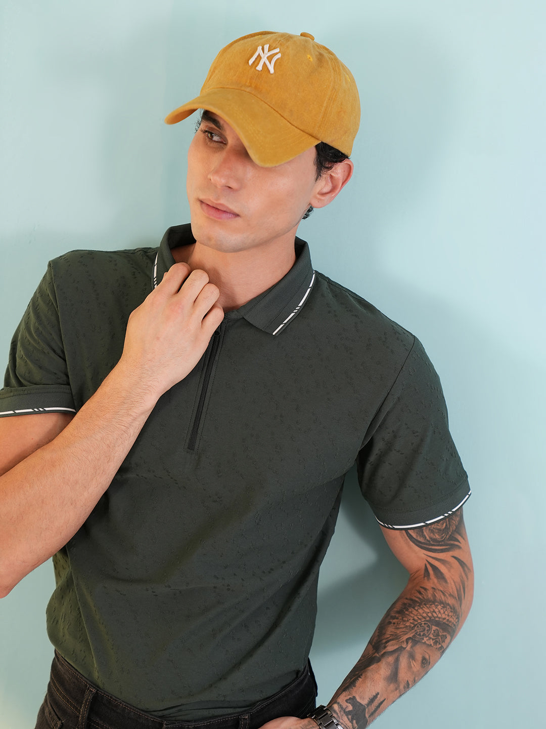 Men Textured Bottle Green Zip Polo T-Shirt - Reprise