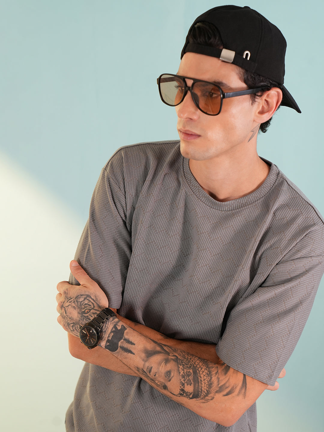 Men Oversized Printed Round Neck Drop Shoulder T-shirt Grey - Reprise