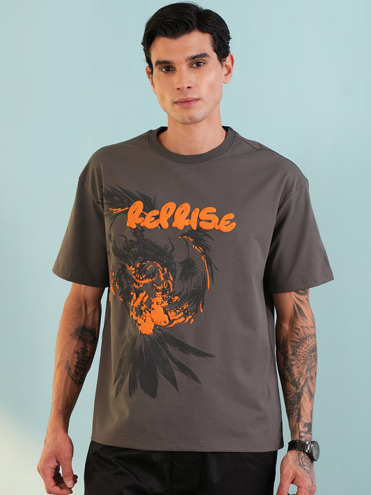 Men Oversized Printed Round Neck Drop Shoulder T-shirt Grey - Reprise