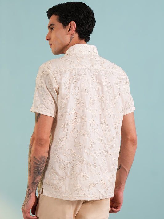 Men Regular Fit Spread Collar Emboridery Shirt White - Reprise